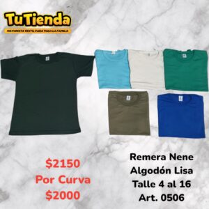Remera Nene/a Algodón Liso. Art. 0506.