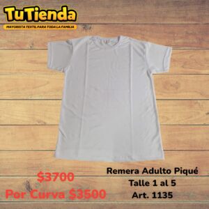Remera Adulto Pique Blanca. Art. 1135.