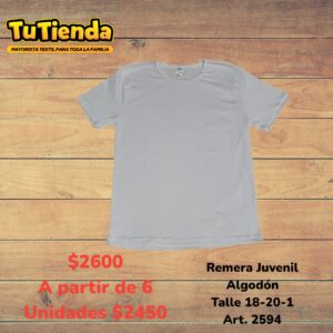 Remera Juvenil Algodón Lisa Blanca. Art. 2594.