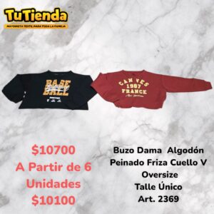 Buzo Dama Oversize Cuello V Friza Peinada. Art. 2369.